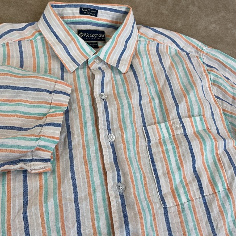Weekender Luau Edition Shirt Men L Linen Striped Button Up Resort Short Sleeve - Picture 8 of 8